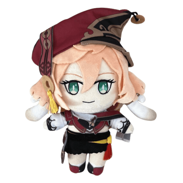 peluche Yanfei aux cheveux pêche, yeux verts et tenue rouge, noire et blanche avec chapeau à motifs dorés