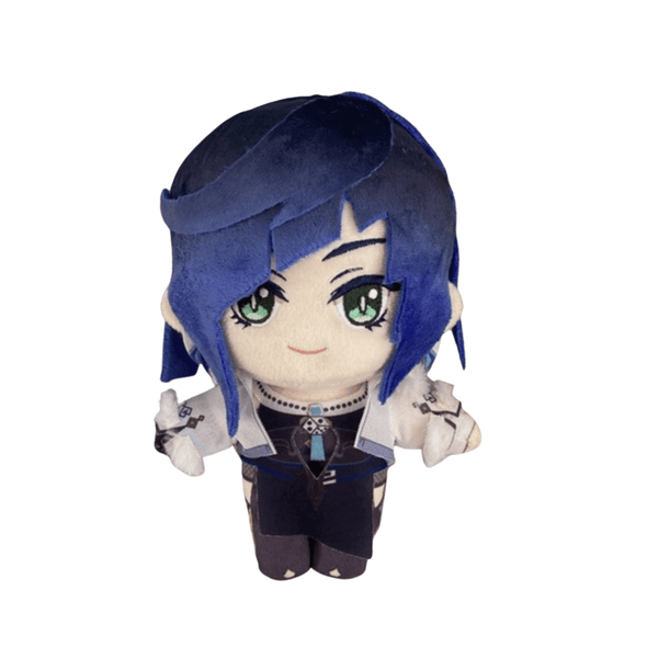 Peluche Yelan aux cheveux bleus, aux yeux verts brodés et vêtue d’une tenue blanche et noire détaillée