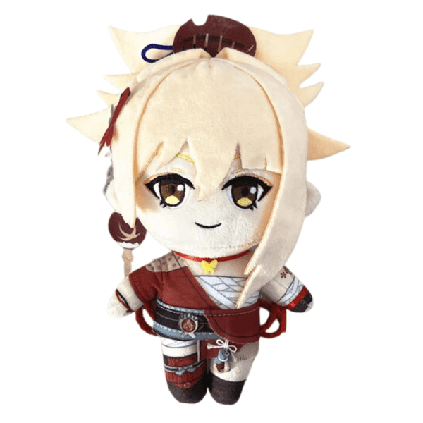Peluche Yoimiya aux cheveux blond crème, yeux dorés et tenue rouge, blanche et noire avec détails décoratifs