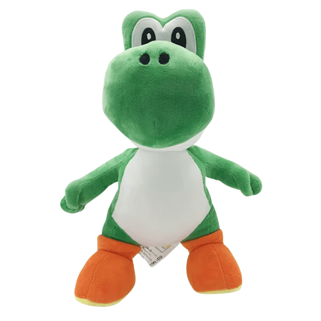 peluche Yoshi verte en tissu doux, avec ventre blanc, grands yeux expressifs et bottes orange