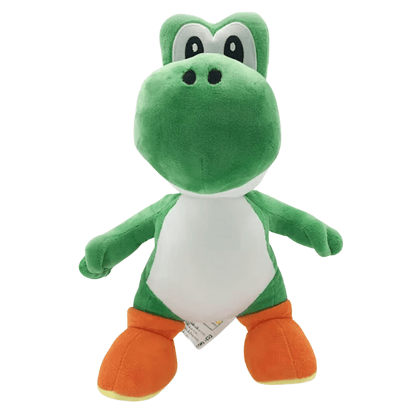 peluche Yoshi verte en tissu doux, avec ventre blanc, grands yeux expressifs et bottes orange