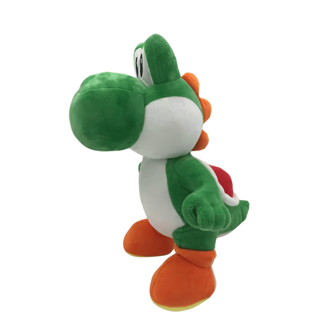 Peluche Yoshi verte en tissu doux, avec ventre blanc, crête orange, carapace rouge et grandes chaussures orange