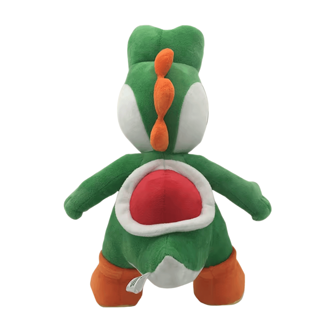 peluche Yoshi verte en tissu doux, avec ventre blanc et rouge, bottes orange et grandes oreilles blanches