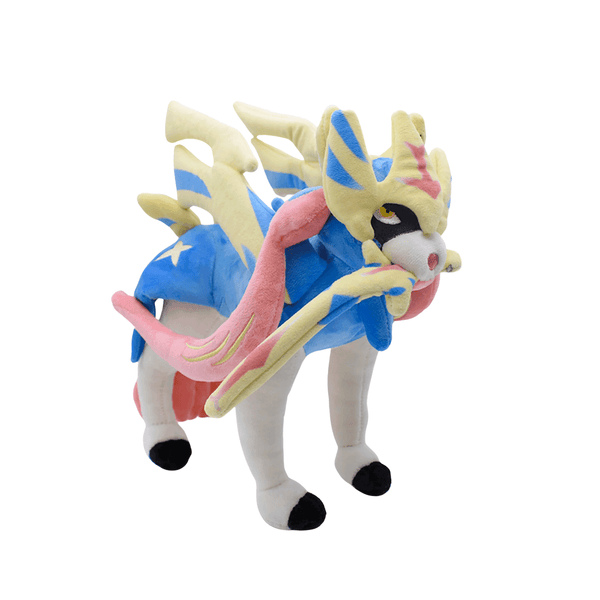 peluche Zacian Pokémon aux couleurs crème, bleue et rose, avec une longue épée dorée et des pattes à sabots noirs