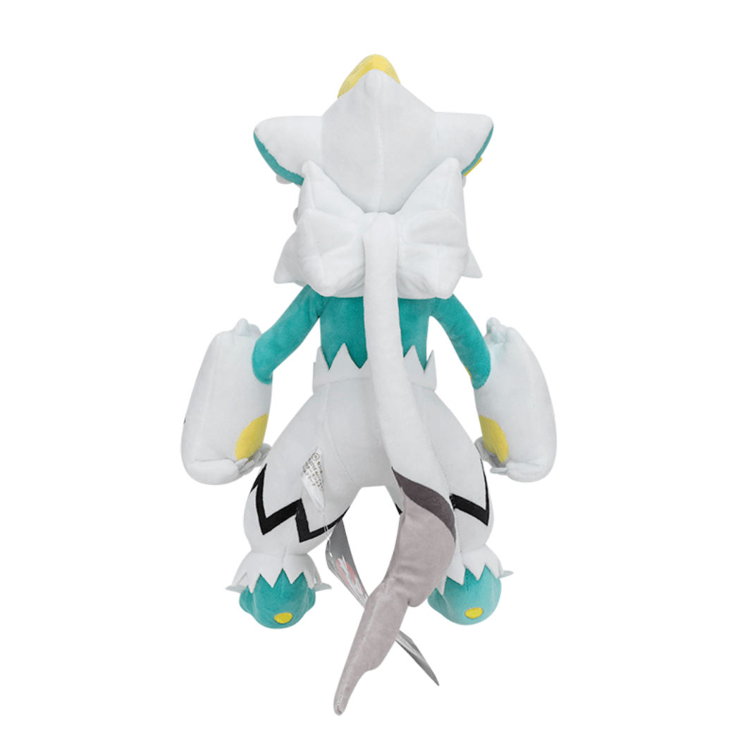 Peluche Zeraora Shiny blanche et turquoise, avec une longue queue grise et des marques jaunes et noires