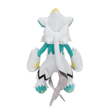 Peluche Zeraora Shiny blanche et turquoise, avec une longue queue grise et des marques jaunes et noires