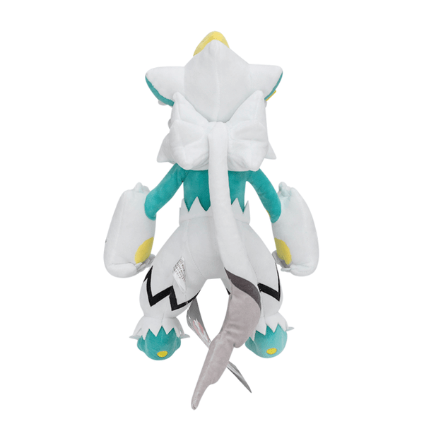 Peluche Zeraora Shiny blanche et turquoise, avec une longue queue grise et des marques jaunes et noires