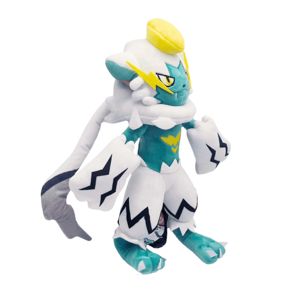 Peluche Zeraora Shiny Pokémon aux tons turquoise, blancs et jaunes, avec des motifs noirs et une longue queue grise.