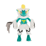 Peluche Zeraora Shiny turquoise et blanche, avec des détails jaunes, des oreilles pointues et une longue queue grise.
