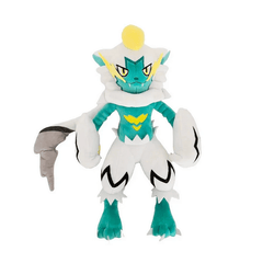 Peluche Zeraora Shiny turquoise et blanche, avec des détails jaunes, des oreilles pointues et une longue queue grise.
