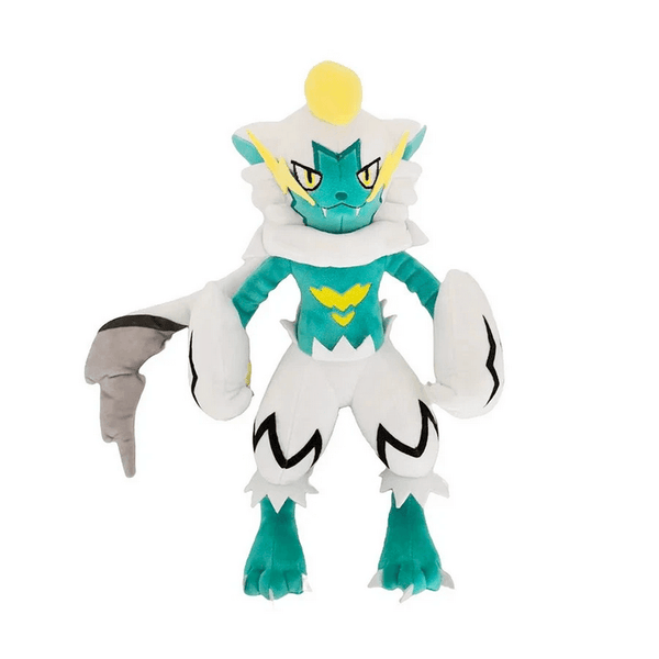 Peluche Zeraora Shiny turquoise et blanche, avec des détails jaunes, des oreilles pointues et une longue queue grise.