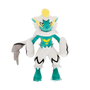 Peluche Zeraora Shiny turquoise et blanche, avec des détails jaunes, des oreilles pointues et une longue queue grise.