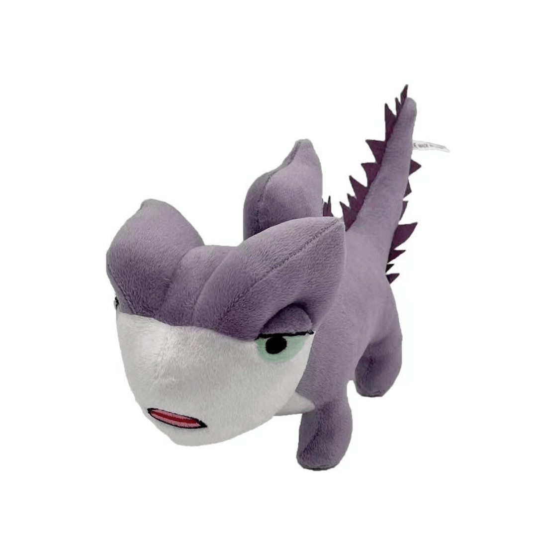 Peluche Zoé, lézard en tissu gris violet et blanc, avec de grands yeux verts, une crête et une longue queue épineuse.