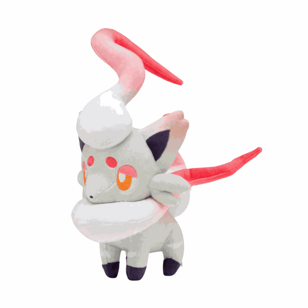Peluche Zorua Hisui gris pâle aux accents rose vif et orangés, avec de longues mèches et des pattes à pointes noires.