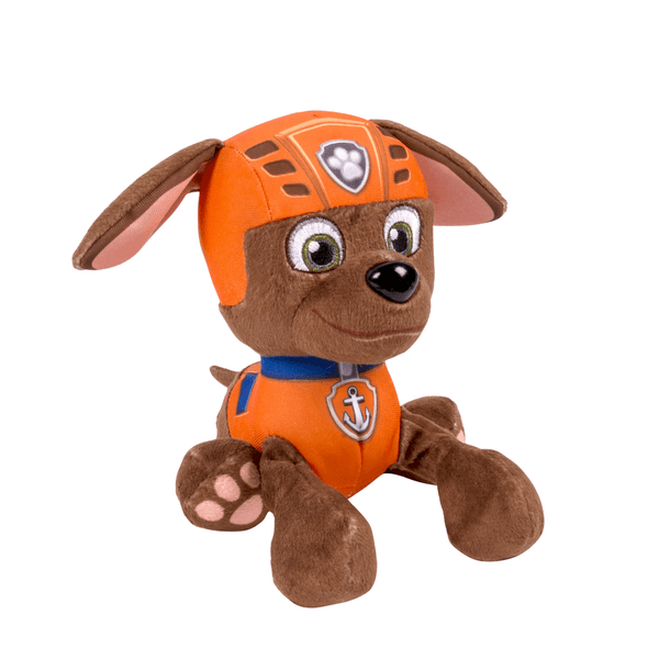 Peluche Zuma de la Pat Patrouille en tissu brun et orange, avec casque, écusson d’ancre et grandes oreilles