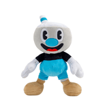 Peluche Cuphead inspirée de Mugman, en tissu blanc et bleu turquoise, avec gants blancs et grandes chaussures brunes