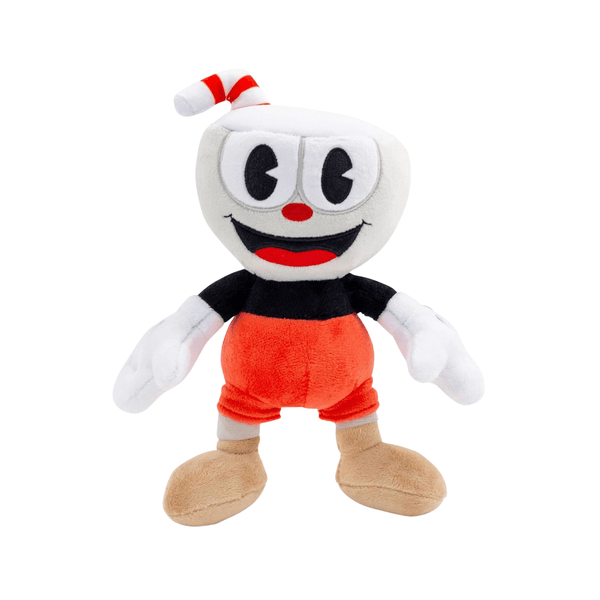 Peluche Cuphead peluches 25cm, en tissu doux blanc, rouge et noir, avec tête en forme de tasse et sourire brodé.