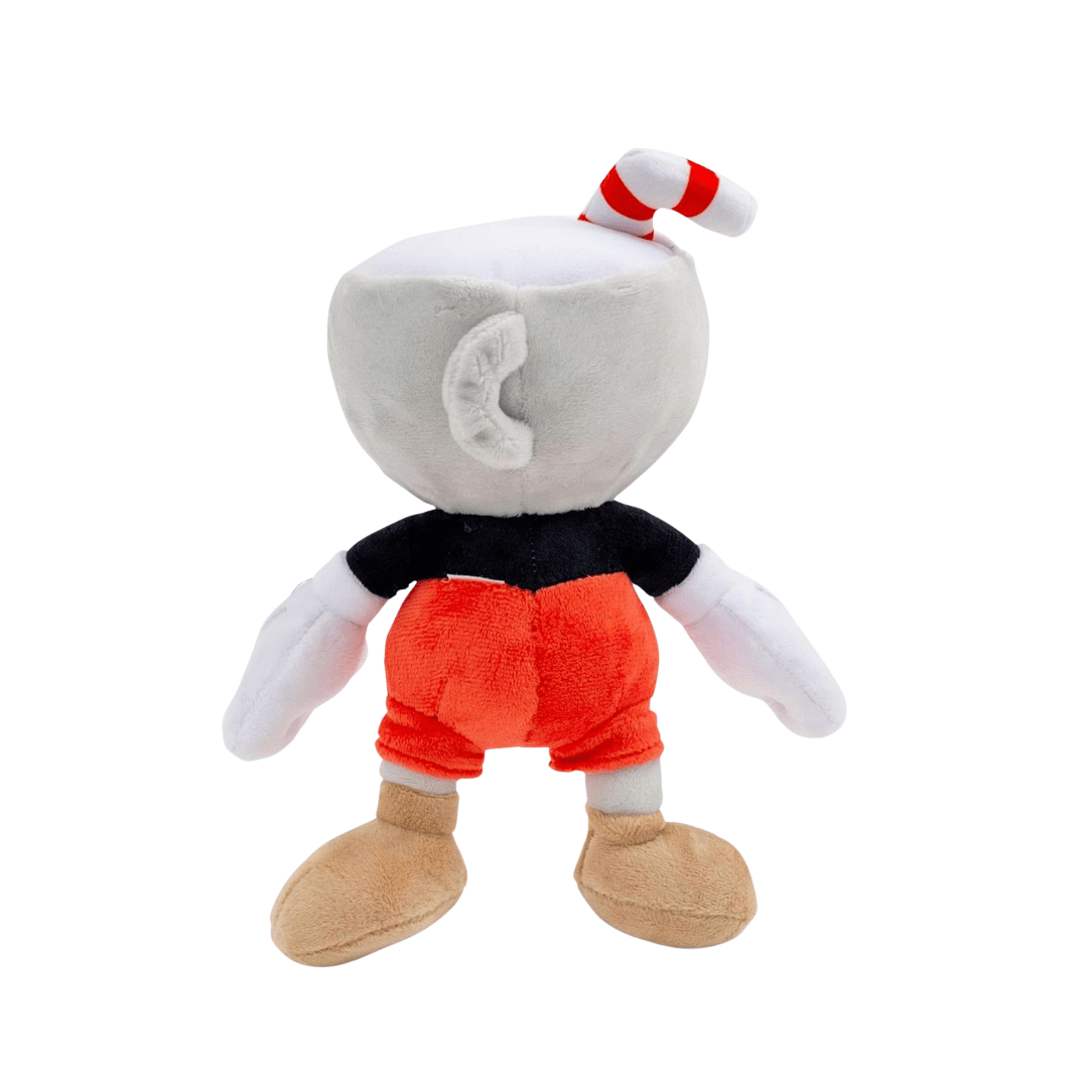 Peluche Cuphead en tissu doux, avec tête blanche, short rouge, gants blancs et grandes chaussures beiges ; peluches 25cm