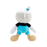 Peluche Mugman blanche, noire et turquoise avec gants blancs, grandes chaussures beige et paille rayée, peluches 25cm