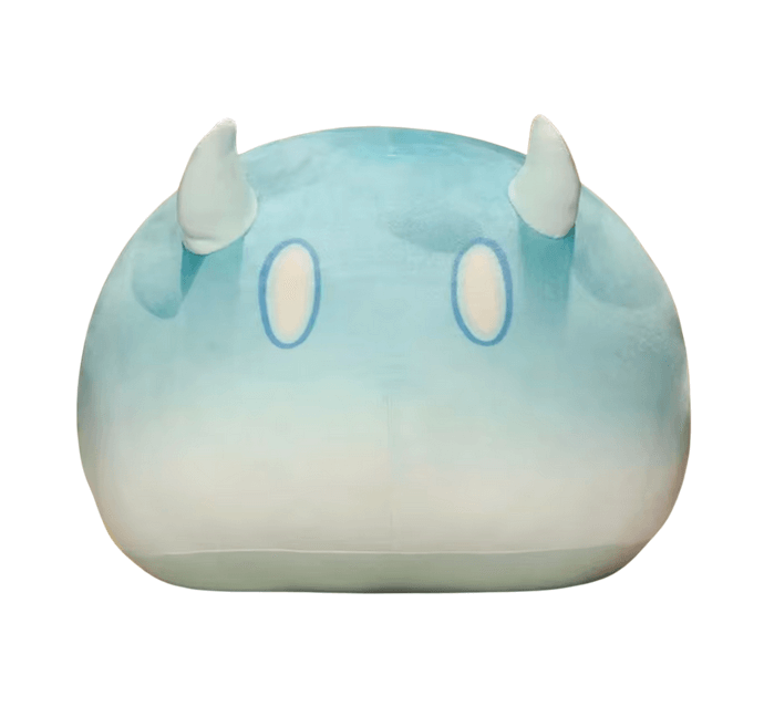 peluches Blob bleu clair et blanc, en tissu doux, avec un corps arrondi, deux cornes et de grands yeux ovales