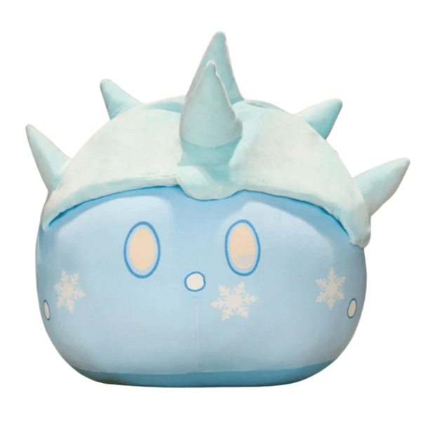 Peluche peluches Blob bleue en tissu doux, ornée de flocons blancs, avec des yeux ovales et des pointes sur la tête.
