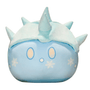 Peluche peluches Blob bleue en tissu doux, ornée de flocons blancs, avec des yeux ovales et des pointes sur la tête.