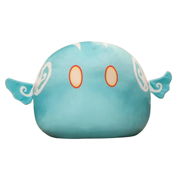 peluches Blob turquoise en tissu doux, au corps arrondi, avec des yeux ovales orange et des motifs blancs sur les côtés