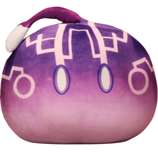 peluches Blob violette et rose en tissu doux, avec motifs géométriques crème, yeux ovales et petite anse sur le dessus
