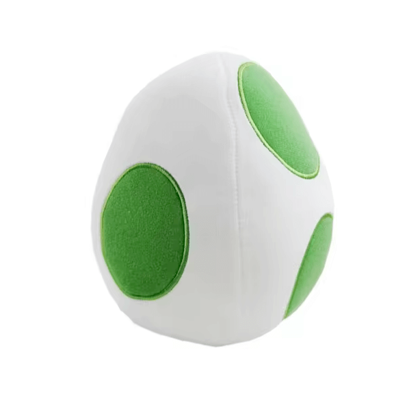 Peluches Oeufs Yoshi en tissu blanc, ornées de larges taches ovales vertes et d’une forme d’œuf rembourrée.