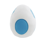 Peluche œuf Yoshi blanc en tissu doux, ornée d’un grand motif ovale bleu sur le devant et de détails bleus latéraux.