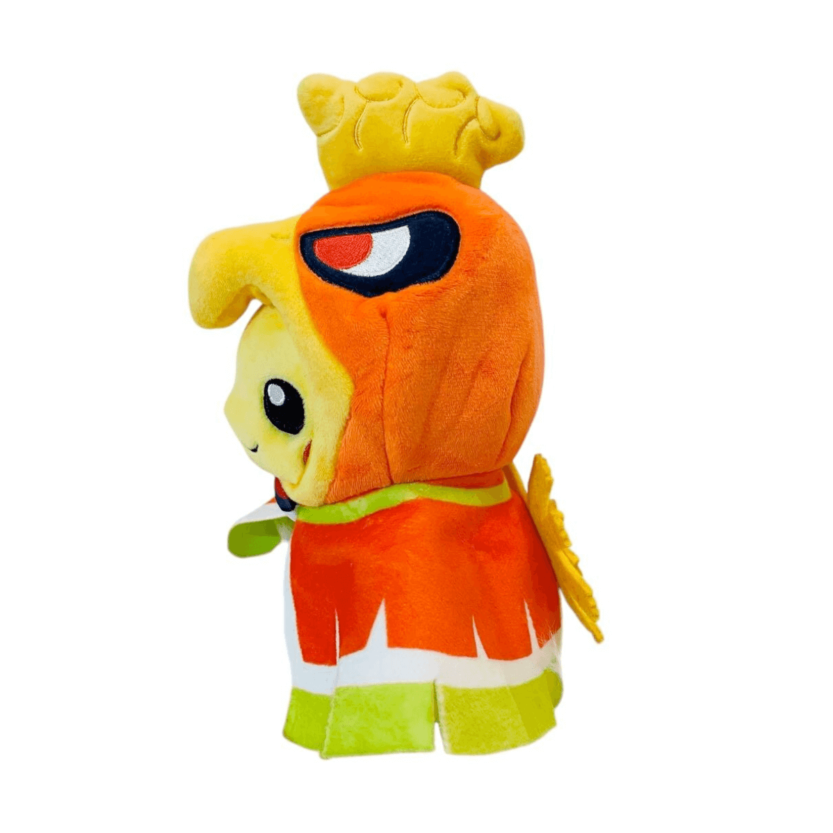 Peluche Pikachu Cosplay en costume Ho-Oh orange et jaune, avec une crête, une aile et un grand œil brodé