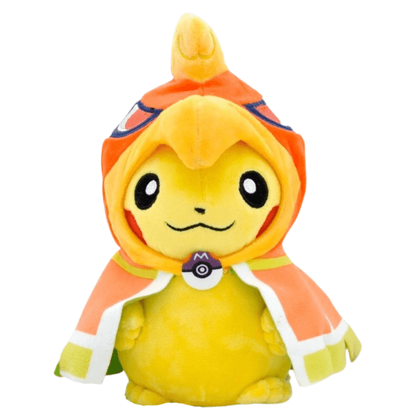 Pikachu Cosplay Ho-Oh, peluche jaune vêtue d’une cape et d’une capuche orange à détails bleus et blancs.