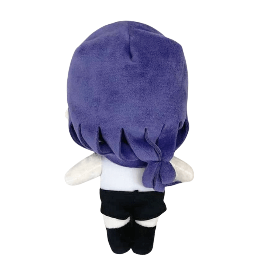 Reze peluche vue de dos, aux cheveux violets en tissu, portant un haut blanc, un short et des bottes noirs.