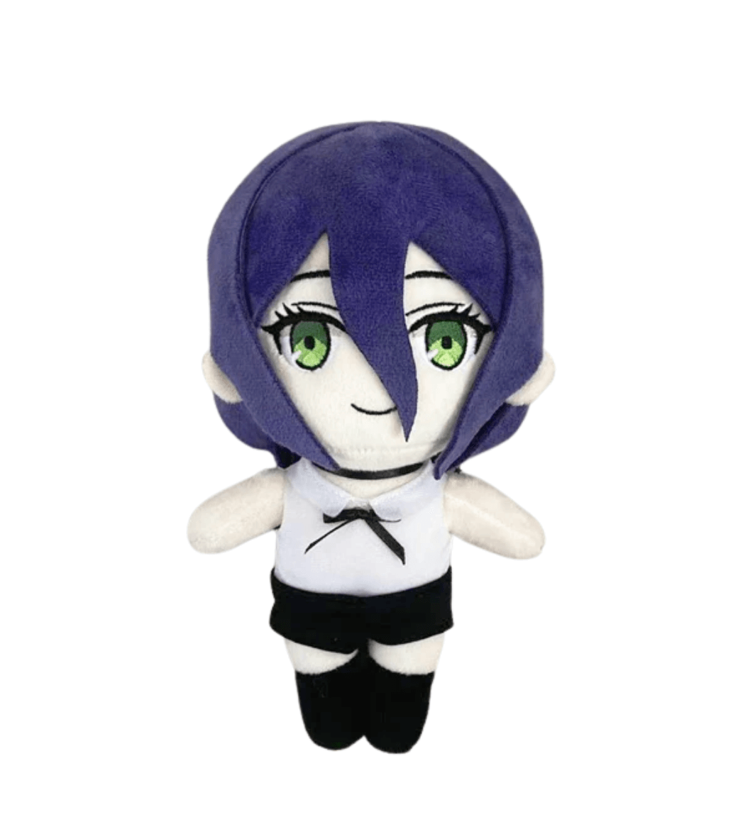 Reze peluche aux cheveux violets et aux yeux verts, vêtue d’un haut blanc avec un nœud noir et d’un short noir.