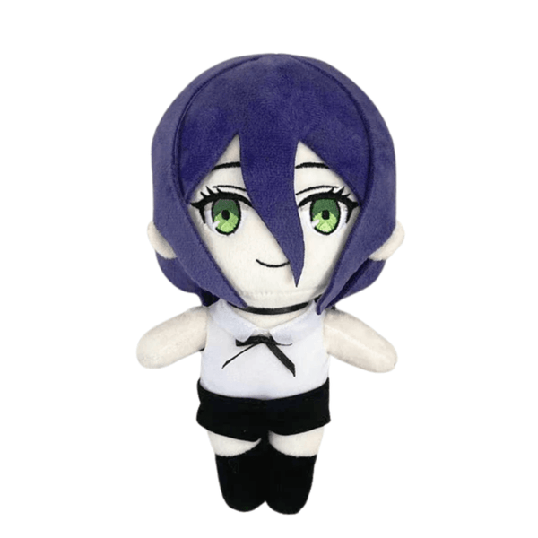 Reze peluche aux cheveux violets et aux yeux verts, vêtue d’un haut blanc avec un nœud noir et d’un short noir.