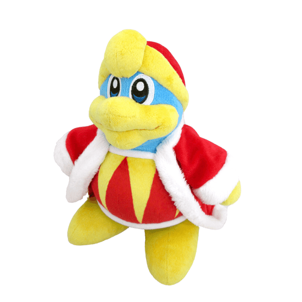 Peluche Roi DaDiDou en tissu jaune et bleu, avec une robe rouge bordée de blanc et une couronne rouge et jaune.