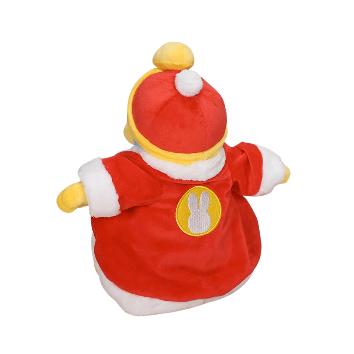 Peluche Roi DaDiDou vue de dos, vêtue d’un manteau rouge à bordures blanches et ornée d’un emblème jaune.
