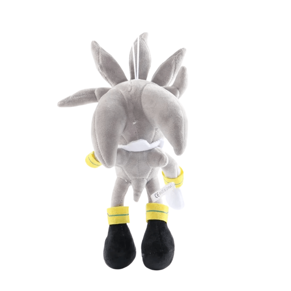 Peluche Silver the Hedgehog grise au toucher doux, avec pointes dressées, yeux blancs et chaussures noires à bandes jaunes.