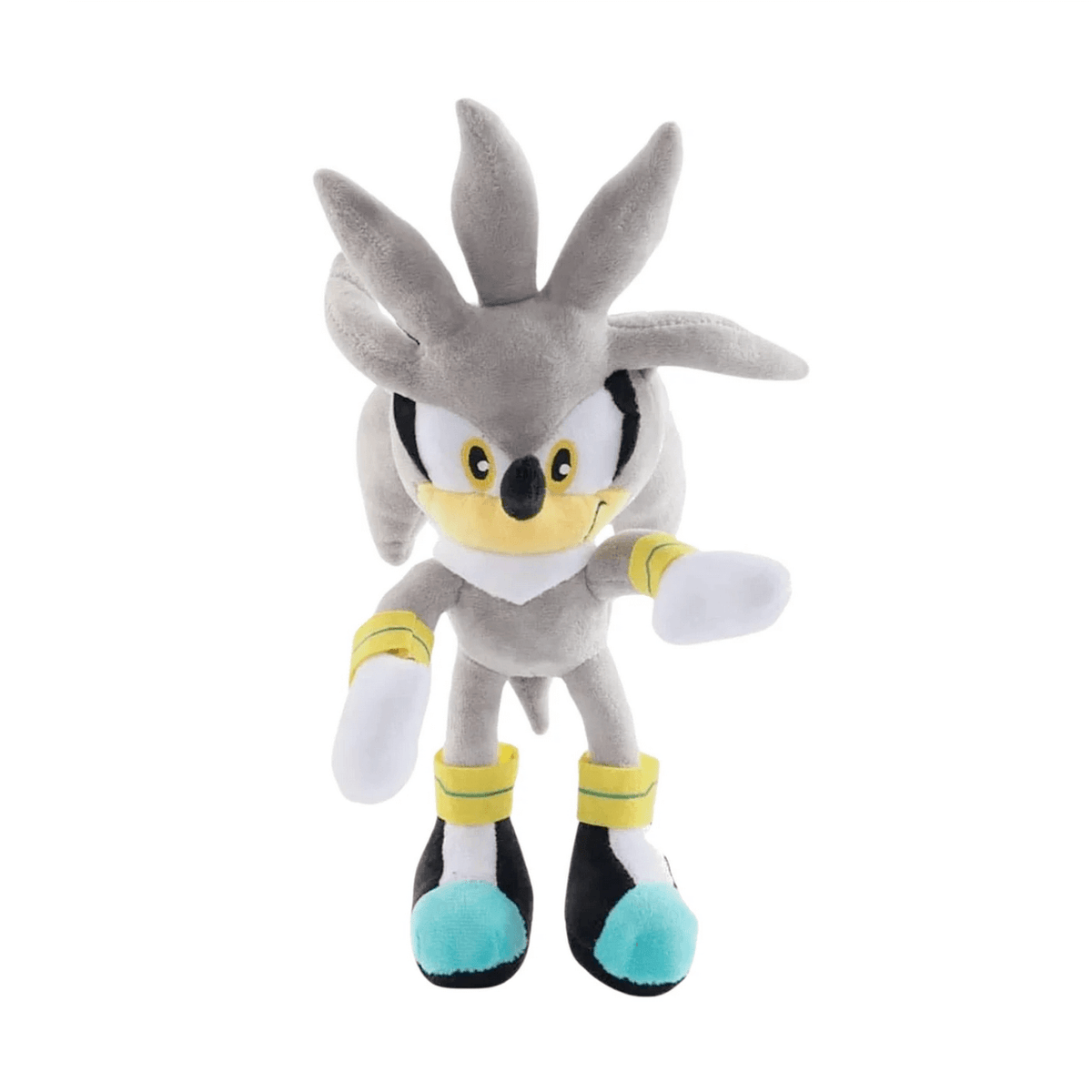 Peluche Silver the Hedgehog en tissu gris, blanc et jaune, avec des chaussures noires à bouts turquoise et des yeux jaunes.