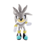 Peluche Silver the Hedgehog en tissu gris, blanc et jaune, avec des chaussures noires à bouts turquoise et des yeux jaunes.